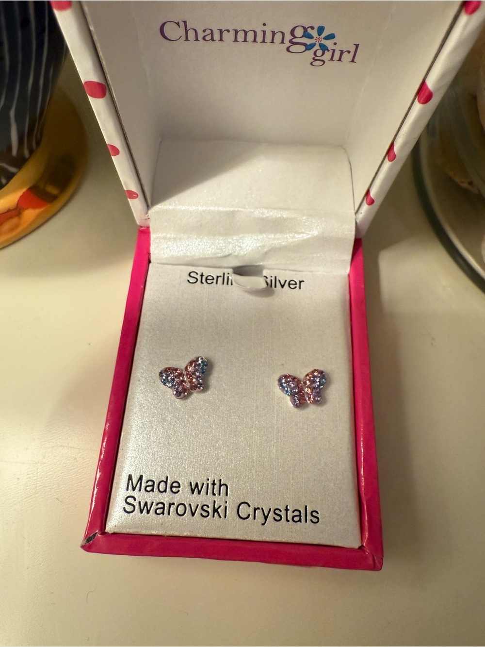 NWT: Sterling Silver Pink Butterfly Stud Earrings with Swarovski Crystals
